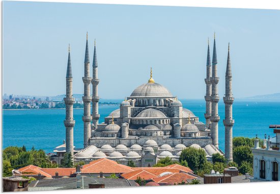 Acrylglas - Sultan Ahmet Moskee aan de Zee van Turkije - 150x100 cm Foto op Acrylglas (Met Ophangsysteem)