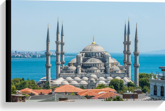Canvas - Sultan Ahmet Moskee aan de Zee van Turkije - 60x40 cm Foto op Canvas Schilderij (Wanddecoratie op Canvas)