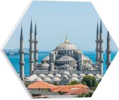 PVC Schuimplaat Hexagon - Sultan Ahmet Moskee aan de Zee van Turkije - 30x26.1 cm Foto op Hexagon (Met Ophangsysteem)