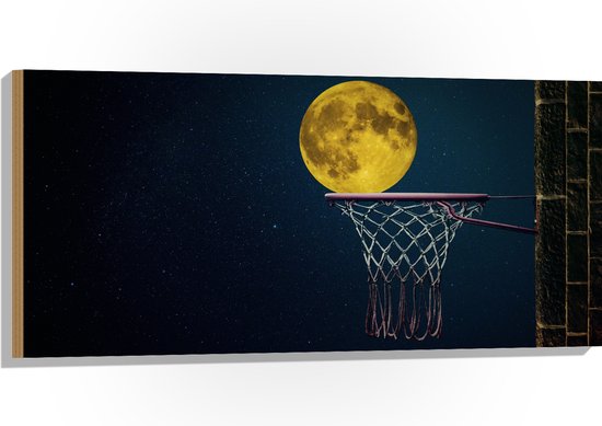 Hout - Maan met Gele Gloed in Basketbal Net - 100x50 cm - 9 mm dik - Foto op Hout (Met Ophangsysteem)