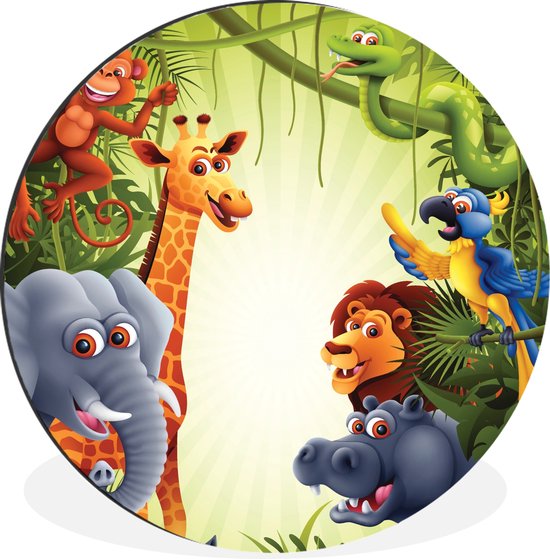 WallCircle - Wandcirkel - Muurcirkel - Jungle - Jongens - Meiden - Baby - Olifant - Leeuw - Giraf - Aluminium - Dibond - ⌀ 140 cm - Binnen en Buiten