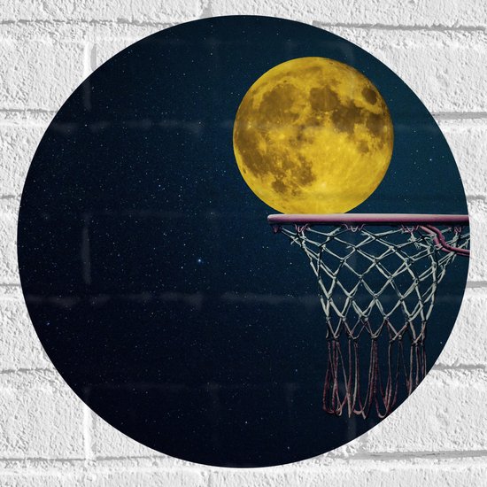 Muursticker Cirkel - Maan met Gele Gloed in Basketbal Net - 40x40 cm Foto op Muursticker