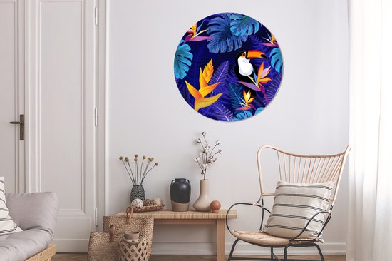WallCircle - Stickers muraux muraux - Cercle de papier peint - Jungle - Toucan - Fleurs - Plantes - Enfants - Violet - Animaux - 100x100 cm - Cercle mural - Autocollant - Papier peint autocollant rond XXL