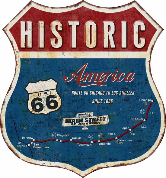 Wandbord Schild - Historic America Route 66 Since 1886