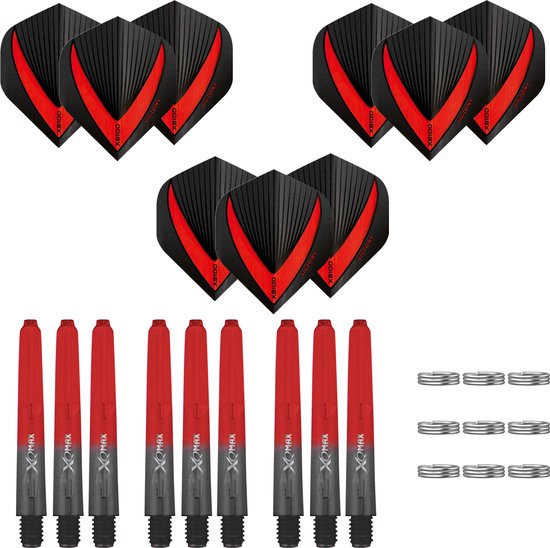 Foto: Darts set 18 delig maxgrip 3 sets dart shafts zwart rood short 3 sets vista x dart flights