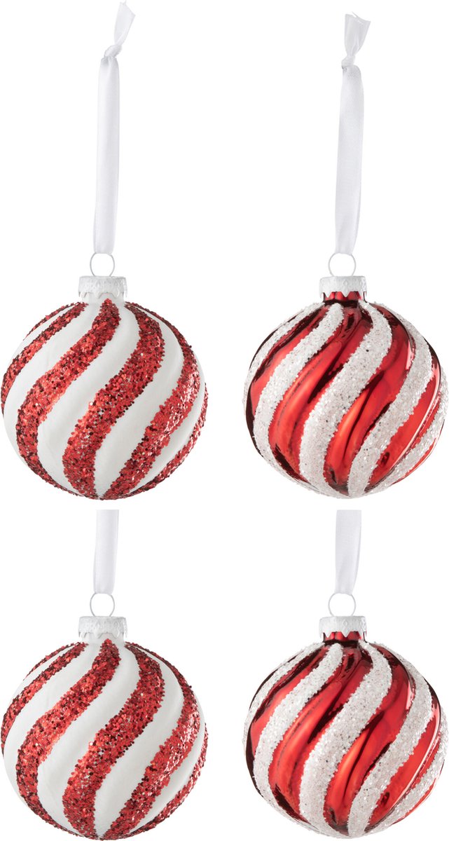 Kleine witte en rode glazen kerstballen met lijnen - doos van 4.