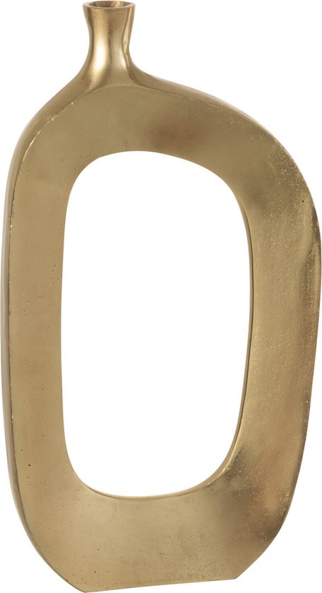 Gouden, ovale vaas met een open binnenkant. H 46 cm.