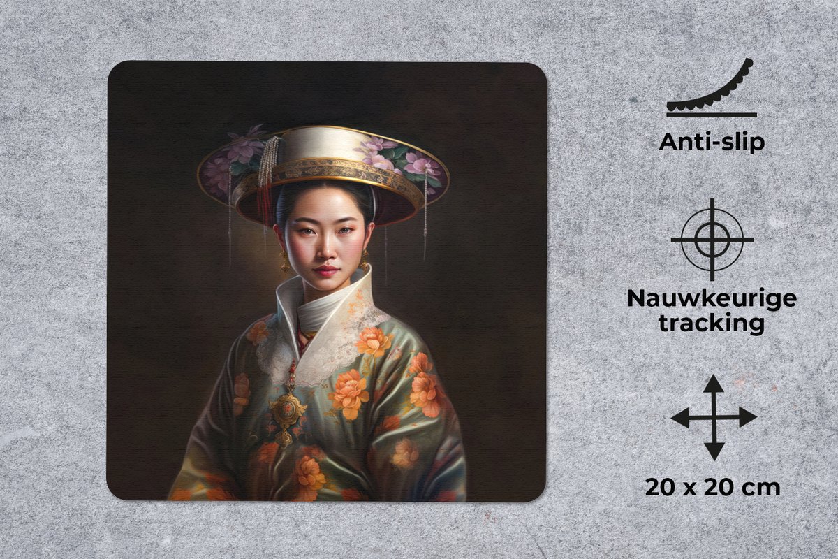 Muismat 20x20 cm - Mousepad Vrouwen - Aziatisch - Bloemen - Portret - Muismatten