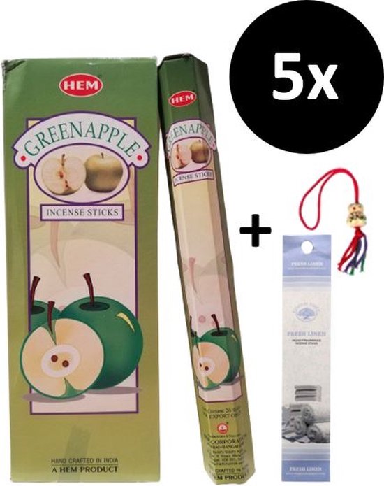 Wierook - Wierookstokjes - 5 Kokers - 100 Stokjes + 5 Mini Stokjes En 1 Gelukspoppetje - Geur Groene Appel - Green Apple