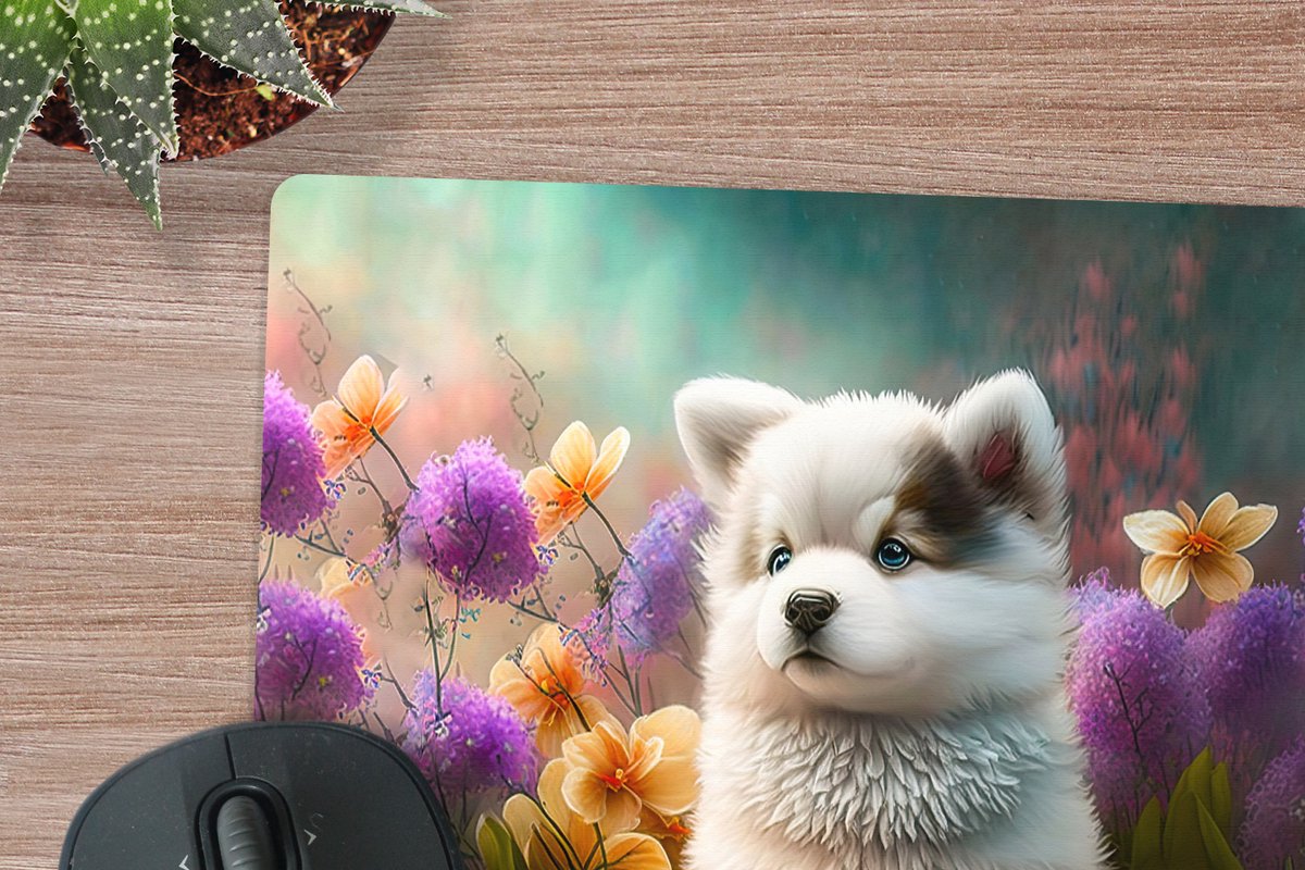 Muismat XXL 40x40 cm - Bureau onderlegger - Bureau mat Puppy - Bloemen - Planten - Natuur - Husky - Bureaumat - Gaming mousepad xl - Bureaulegger groot - Computer deskmat