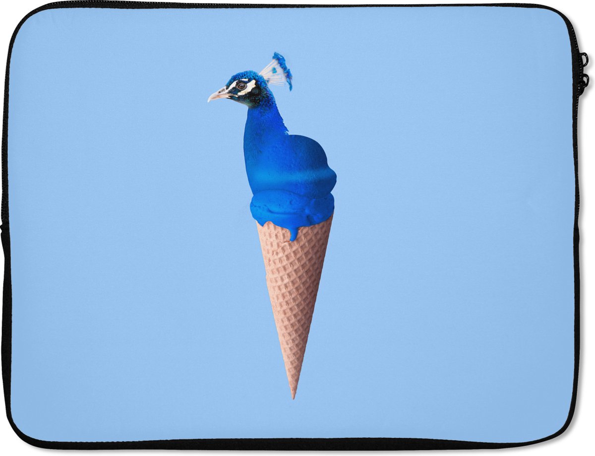 Laptophoes 17 inch - Pauw - IJshoorntje - IJs - Blauw - Vogel - Laptop sleeve - Binnenmaat 41x28 cm - Zwarte achterkant