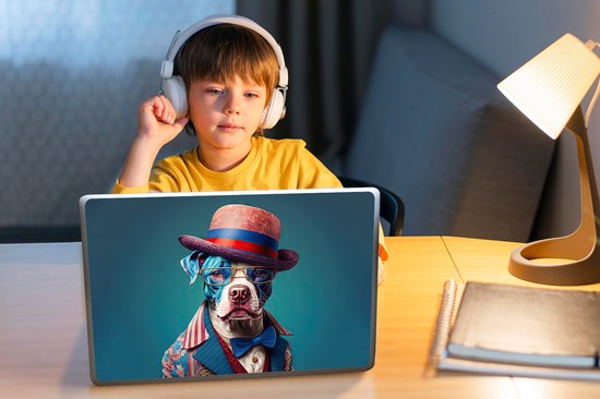 Laptop sticker - 11.6 inch - Hond - Hoed - Colbert - Bloemen - Blauw - 30x21cm - Laptopstickers - Laptop skin - Cover
