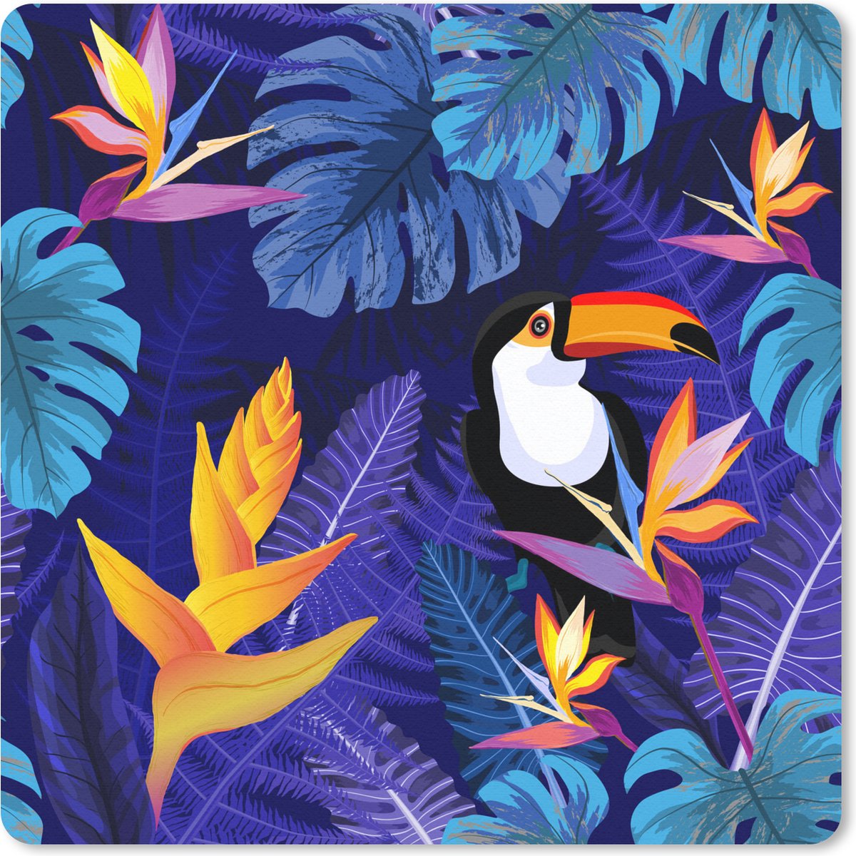 Muismat 30x30 cm - Mousepad Jungle - Toekan - Bloemen - Planten - Kinderen - Paars - Dieren - Muismatten