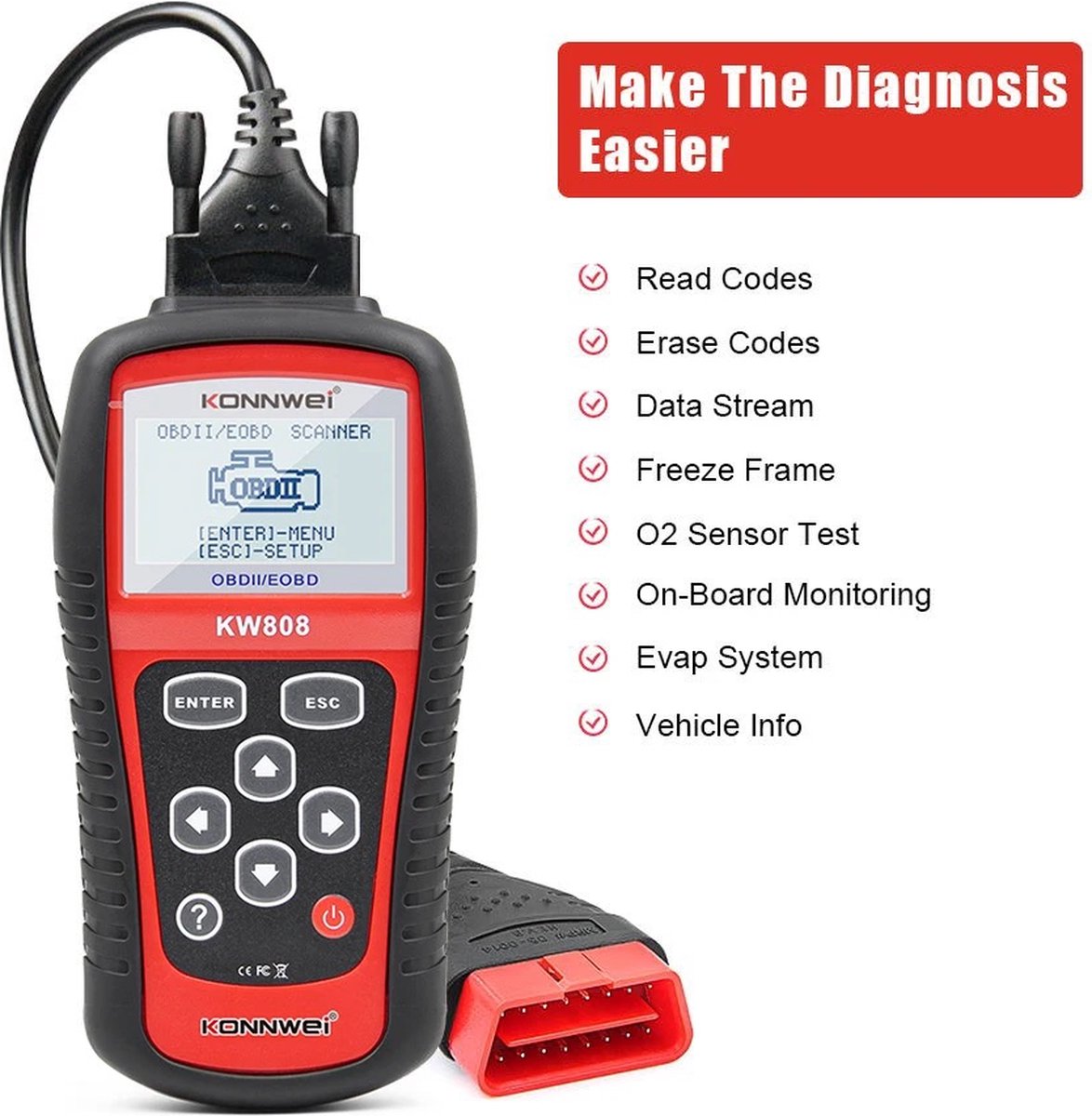 Accessoire téléphonie pour voiture Non renseigné KONNWEI KW820 voiture Code  de défaut Lecteur EOBD OBDII OBD2 testeur de diagnostic outil d'analyse