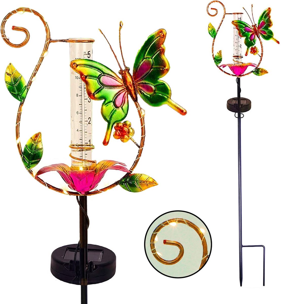 Pluviomètre Solaire Extérieur – Verre Résistant Au Gel, Éclairage LED Nocturne, Piquet Sol, Mesure Précise Pluie Jardin, Cour Et Terrasse