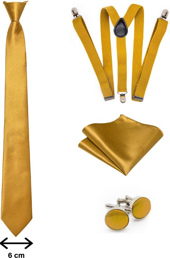 Luxe set stropdas inclusief bretels, pochette en manchetknopen - Goud - luxe - bretels - met stevige clip - pochet - heren - giftset - Cadeau