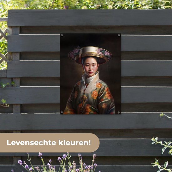 Tuinposter 60x80 cm - Tuindecoratie Vrouwen - Aziatisch - Bloemen - Portret - Poster voor in de tuin - Buiten decoratie - Schutting tuinschilderij - Tuindoek muurdecoratie - Wanddecoratie balkondoek