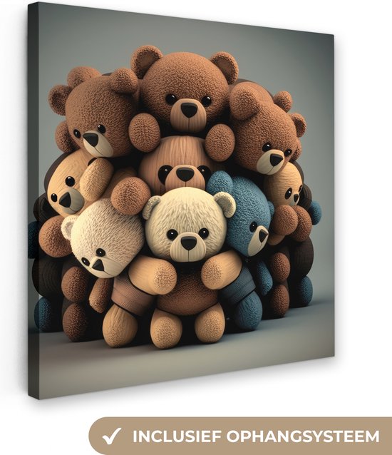 Canvas Schilderij Teddybeer - Knuffel - Bruin - Design - Jongens - Meisjes - 20x20 cm - Wanddecoratie