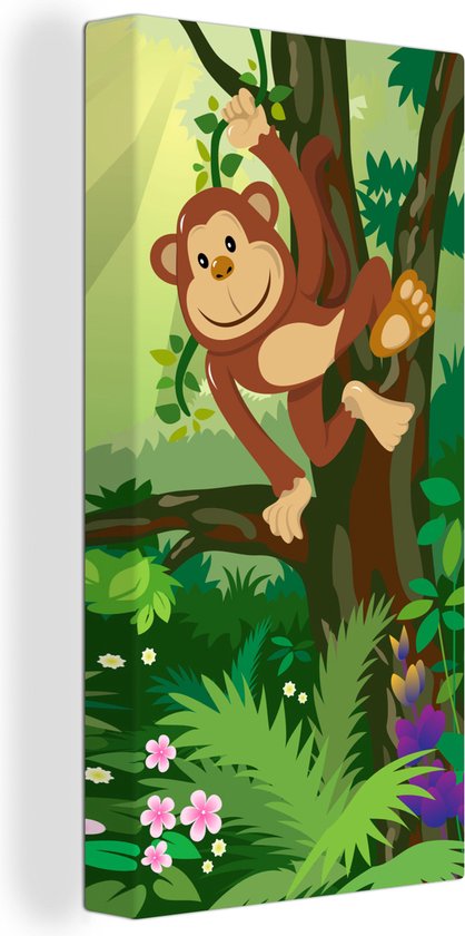 Canvas Schilderij Aap - Jungle - Jongens - Meisjes - Bloemen - Kids - Wanddecoratie