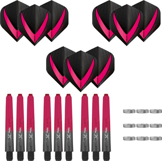 Foto: Darts set 18 delig maxgrip 3 sets dart shafts zwart roze short 3 sets vista x dart flights