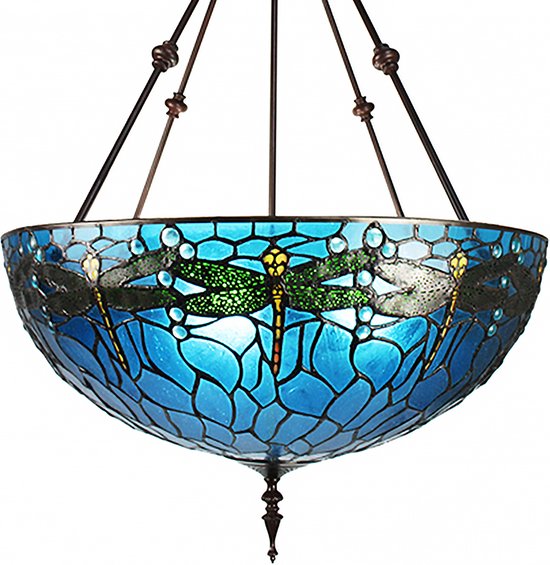 HAES DECO - Tiffany Hanglamp Ø 61x190 cm Blauw Groen Metaal Glas Libelle Hanglamp Eettafel Hanglampen Eetkamer Glas in Lood
