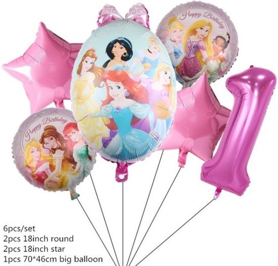 Prinsessen Ballonnen - Verjaardag Ballonnen Prinsessen - Ballonnen Set Cijfer 1 - Ballonnen Set Een Jaar - Roze Ballonnen - Ariel - Assepoester - Rapunzel - Sneeuwwitje - Belle - Jasmine - Belle - Prinsessen Thema - Folie Ballonnen
