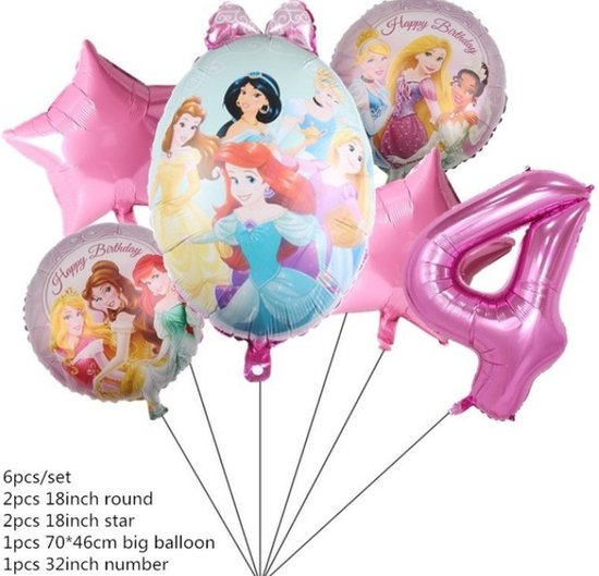 Prinsessen Ballonnen - Verjaardag Ballonnen Prinsessen - Ballonnen Set Cijfer 4 - Ballonnen Set Vier Jaar - Roze Ballonnen - Ariel - Assepoester - Rapunzel - Sneeuwwitje - Belle - Jasmine - Belle - Prinsessen Thema - Folie Ballonnen