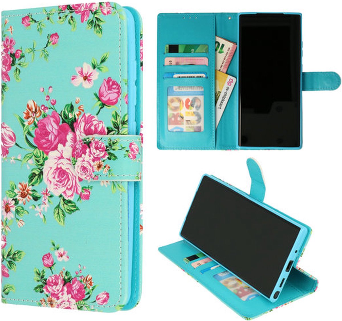 Cityhoesje-bookcase geschikt voor Samsung Note 20 – Pasjeshouder Roze Bloemen Blauw