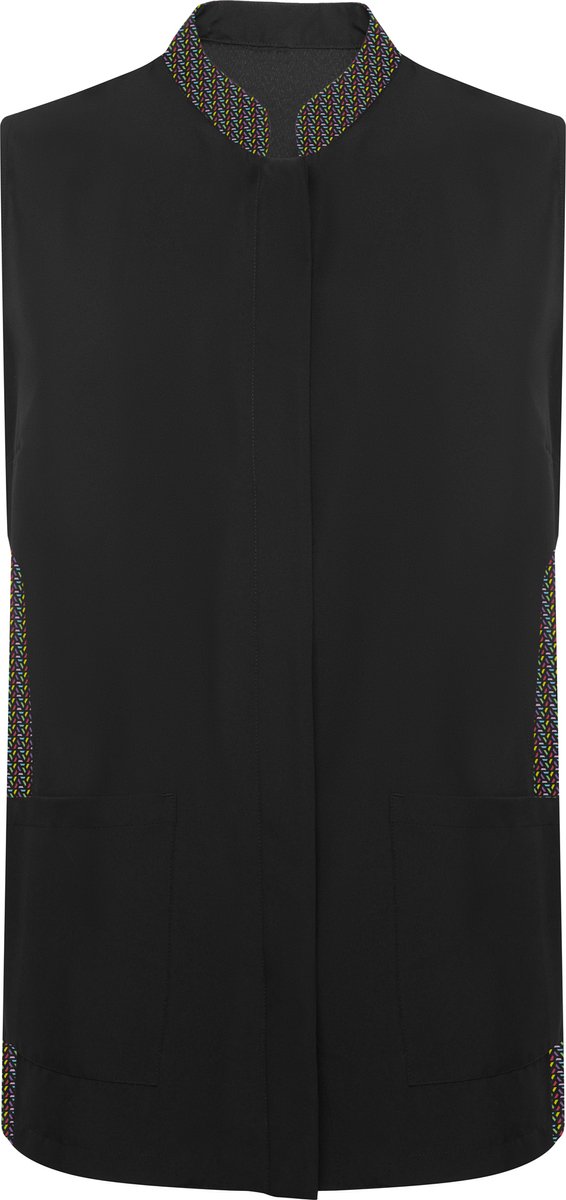 Zwart met geometrisch detail damesschort met blinde drukknopen, zakken en mao kraag ,model Aldany maat S