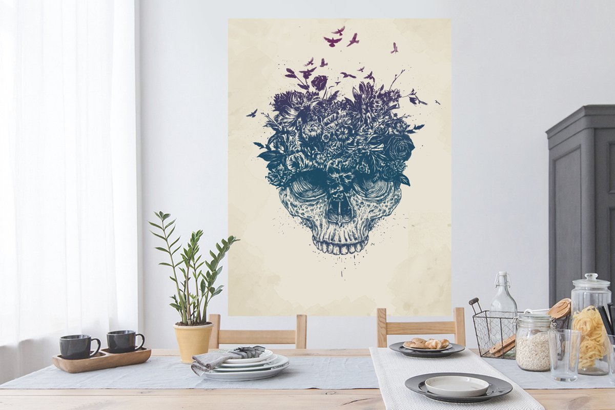 Muurstickers - Sticker Folie - Schedel - Natuur - Bloemen - Vogels - Doodskop - 90x120 cm 