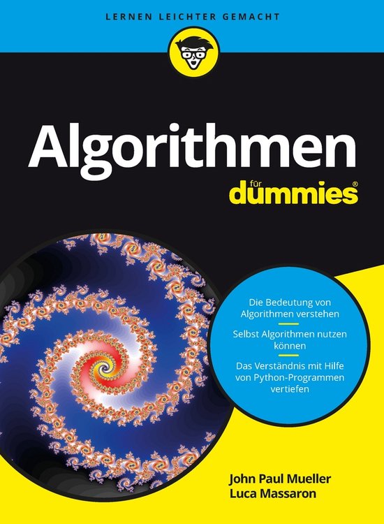 Boek "Algorithmen für Dummies" met een fractaal in spiraalvorm op de cover. Leren makkelijker gemaakt.