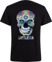 Zwart Neon Tshirt Skull Tatoo Amsterdam L- day of the dead - dag van de doden -