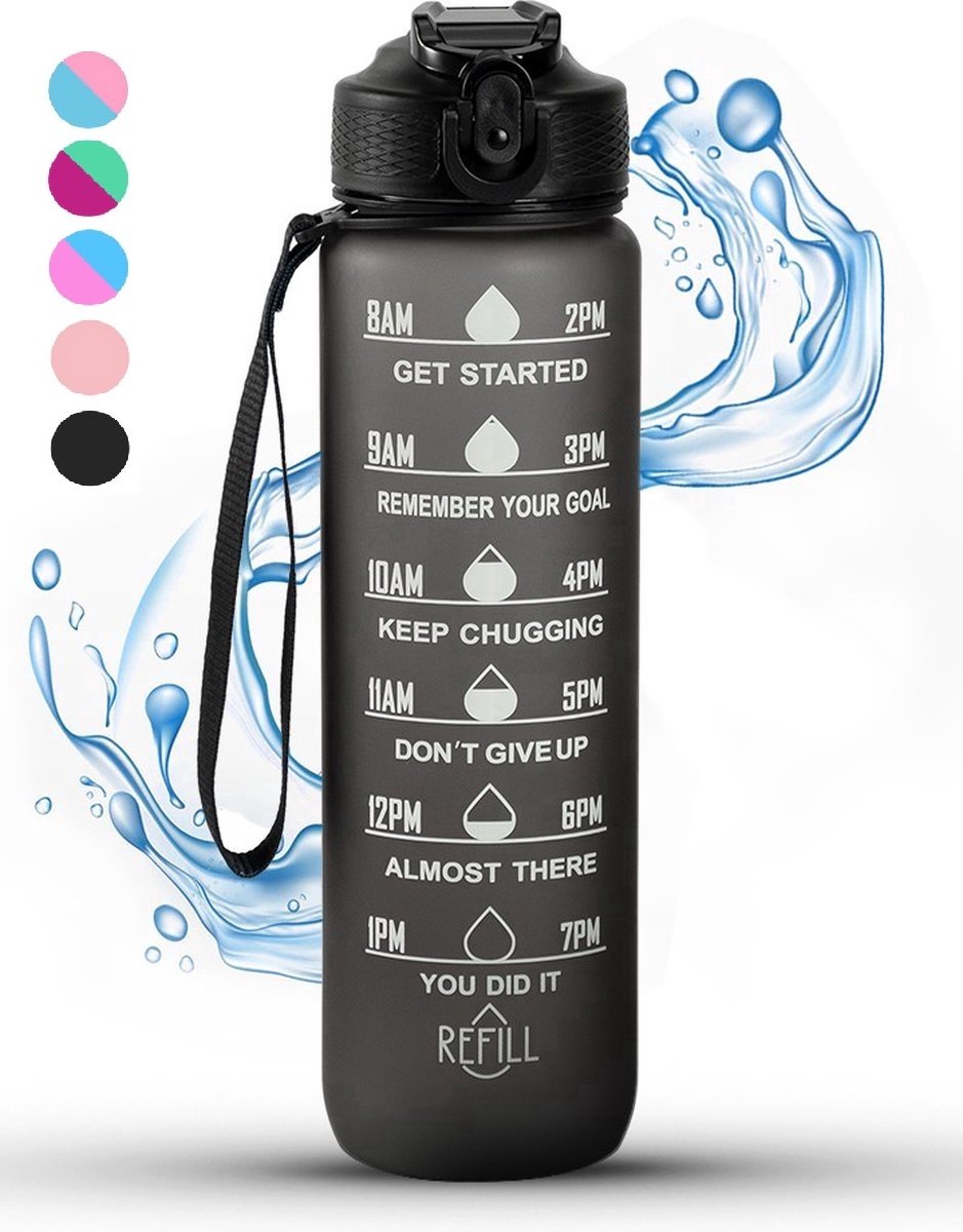 Waterfles met tijdmarkering | Sport waterfles | Drinkfles met rietje | Tritan waterfles | Lekvrije sportfles | 1 Liter waterfles | Motivatie waterflessen | Motiverende drinkfles | drinkflessen | BPA vrij | Cadeau | Zwart