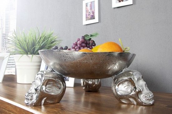Design fruitschaal SKULL 35cm zilveren aluminium schedelschaal - 22917
