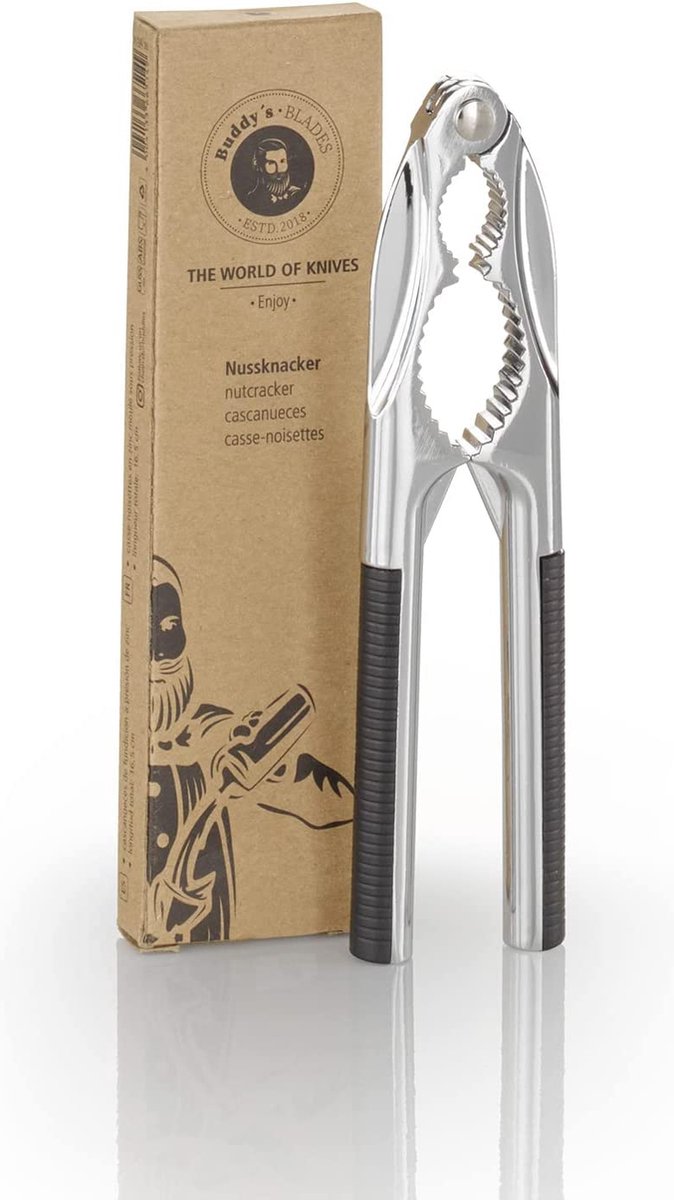 Buddy's Blades notenkraker notentang - roestvrij staal - 17,2 cm - anti slip rubber handgrepen