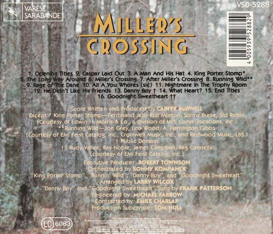 Boekje met tracklist, credits en logo's voor de soundtrack van Miller's Crossing.