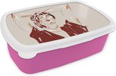 Broodtrommel Roze - Lunchbox - Brooddoos - Portret - Vrouw - Rood - Abstract - 18x12x6 cm - Kinderen - Meisje