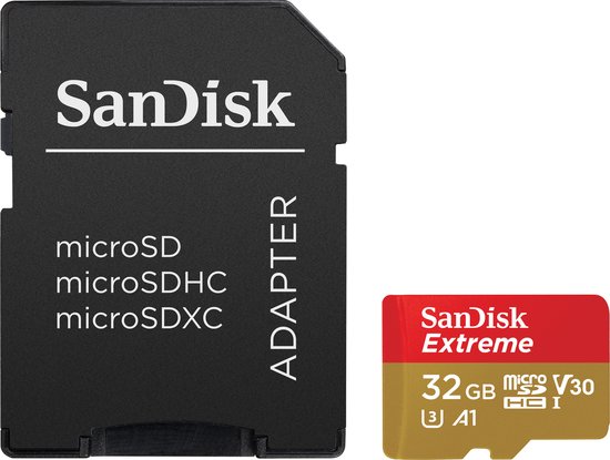SanDisk adapter met SanDisk Extreme 32GB microSD kaart.