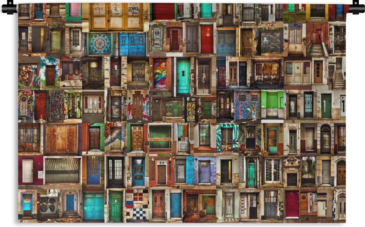 Wandkleed - Wanddoek - Deuren - Kleurrijk - Collage - Architectuur - 150x100 cm - Wandtapijt
