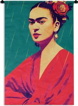 Wandkleed - Wanddoek - Portret - Frida Kahlo - Vrouw - Vintage - Rood - 60x90 cm - Wandtapijt