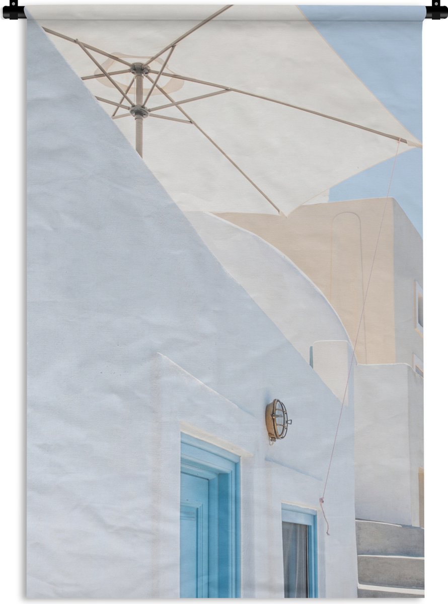 Wandkleed - Wanddoek - Architectuur - Parasol - Deur - Wit - Blauw - 90x135 cm - Wandtapij
