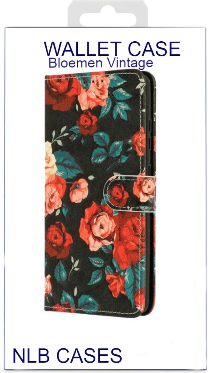 Bookcase Bloemen Vintage Zwart Rood print met vakjes - Samsung Galaxy S23 Ultra - Portemonnee hoesje met magneetsluiting