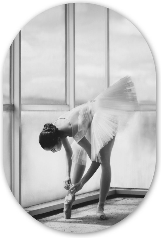 Vrouw - Ballet - Ballerina - Balletschoenen - Zwart wit Kunststof plaat (5mm dik) - Ovale spiegel vorm op kunststof