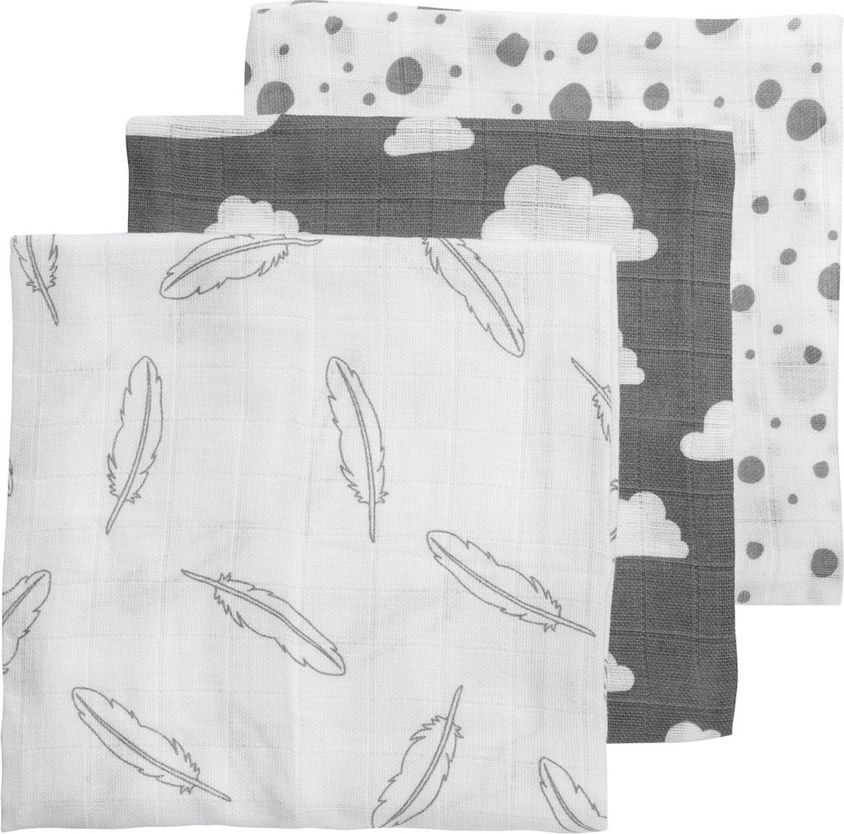 Meyco Baby Clouds/Dots/Feathers hydrofiele doeken - 3-pack - grey - 70x70cm  | bol