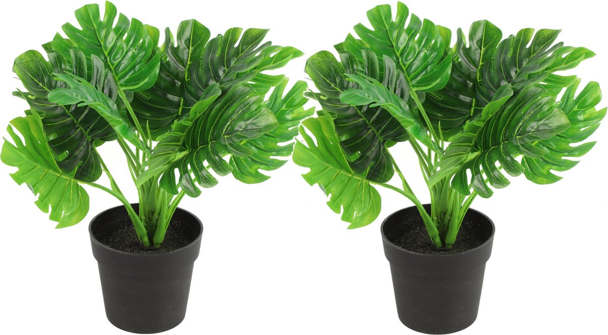 Countryfield Kunstplant Monstera plant in bloempot - 2x - Groen - 15 x 28 cm