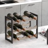 VinoDiMontagna Wijnrek - 3-laags - 12 flessen - Wijnmeubel - Staand Flessenrek voor 12 flessen - 45 x 38 x 20 cm (L x B x H) - Metaal - Hout - Zwart - Lichtbruin