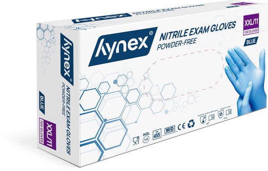 Doos met Kynex nitril onderzoekshandschoenen, maat XXL/11, blauw, poedervrij. Blauwe hand afgebeeld.