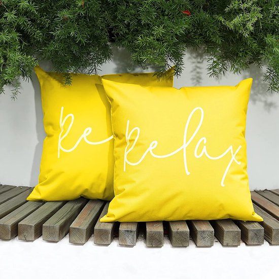 Outdoor Cushion Cover, Pack of 2, Waterproof Cushion Cover with Relax Print, UV Protection, Polyester Decorative Cushion Cover with PU Coating for Sofa Chair Garden Lounge (45 x 45 cm) - Yellow