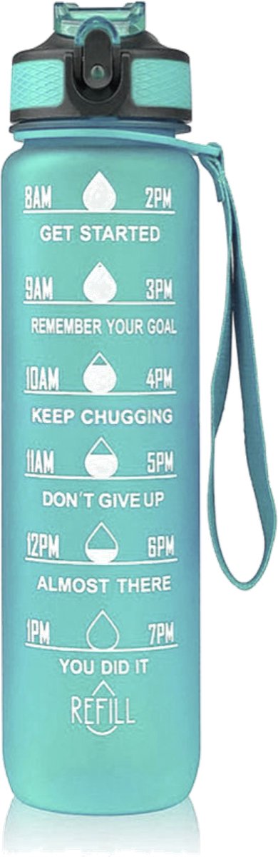 Afecto motivatie drinkfles - Waterfles plus Tijdmarkeringen - Drinkfles - 1 Liter - BPA vrij - kleur hemelsblauw - hoeveel drink jij?