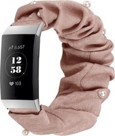 Strap-it Activity tracker bandje - Scrunchie nylon bandje - geschikt voor Fitbit Charge 3 / Fitbit Charge 4 - donkerbeige met namaakparels